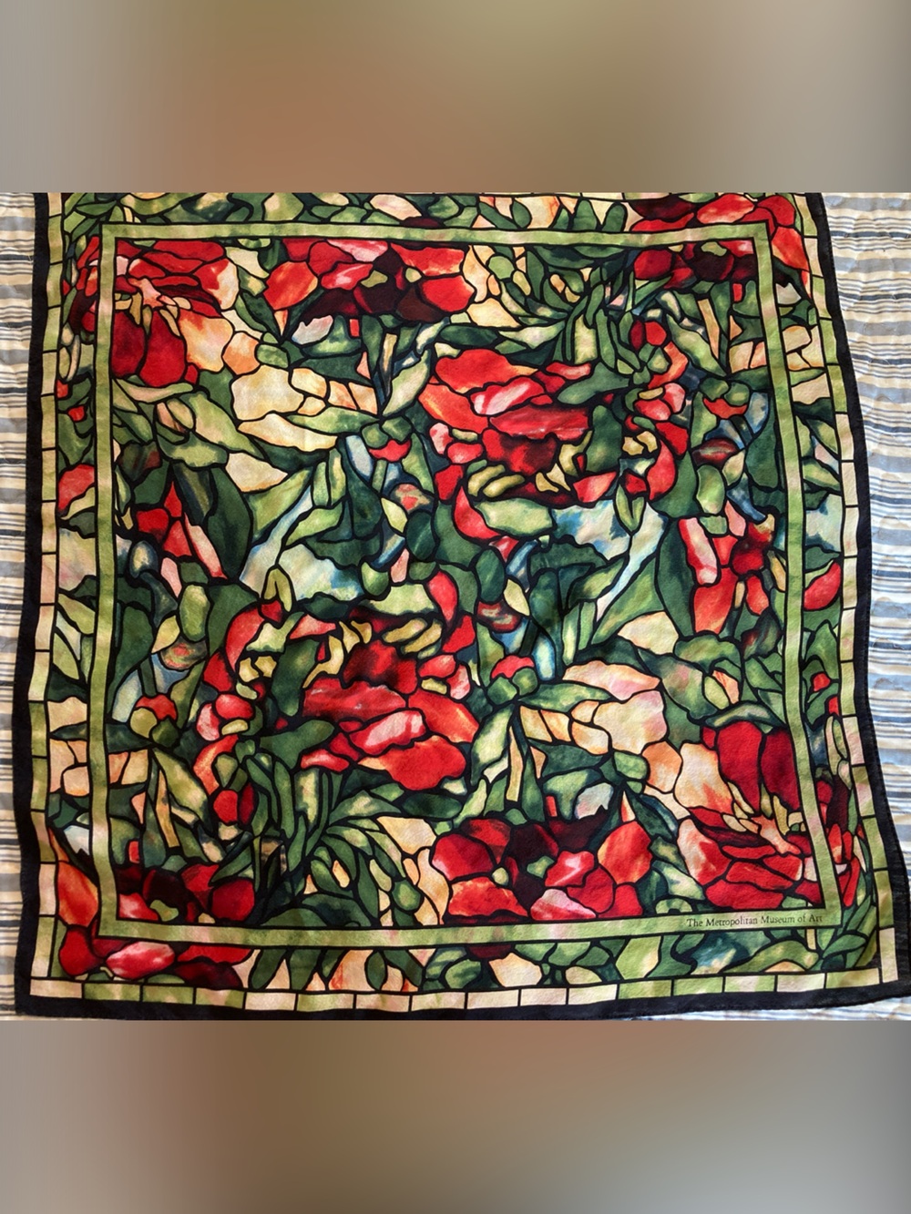 Stained-Glass Floral Silk Scarf in Red & Green